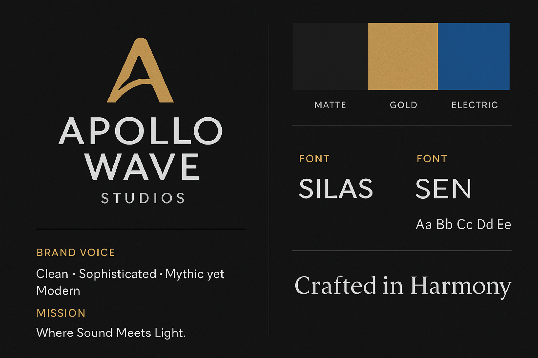 Apollo Wave Studios branding board (matte, gold, electric theme)